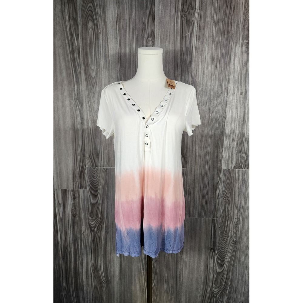 American Eagle Dip Dye Ombre Henley‎ T-Shirt Womens Medium Cream Pink Blue NWT